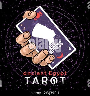 Ancient Egyptian Tarot. T-shirt design of a hand holding the Egyptian tarot card number three, called The Empress with the image of Nefertiti. Stock Vector