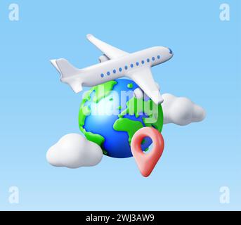 3D Airplane in Clouds and Globe Isolated Stock Vector