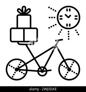 Delivery by bike, black line vector icon, sign of bicycle with parcels and pictogram of sun-clock, day delivery Stock Vector