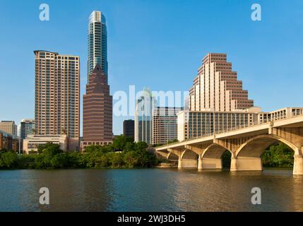 Austin, capital city of Texas - located on banks of Lady Bird Lake, formed by the Colorado River, spanned by Ann W. Richards Congress Avenue Bridge Stock Photo