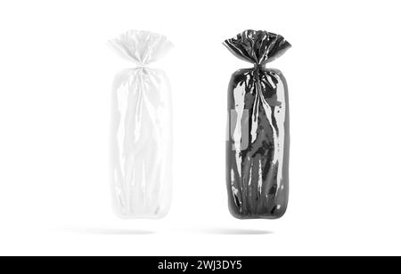 Blank black and white bread cellophane pack mockup, no gravity, 3d rendering. Empty grocery protection package with clip mock up, isolated. Clear cell Stock Photo