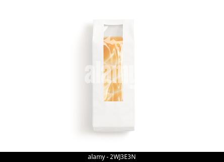 Blank white paper pack with window for bread mockup, isolated, 3d rendering. Empty bakery food in papery wrapping mock up, top view. Clear packaged br Stock Photo