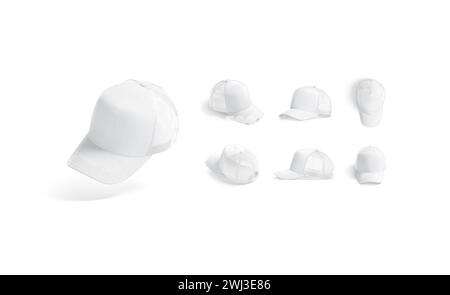 Blank white trucker hat mockup, different views, 3d rendering. Empty protection casual headgear with visor mock up, isolated. Clear accessory textile Stock Photo