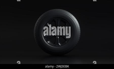 Tire with Rim on Black Studio. Tires service. Replacement tires for the season. Tire and wheel of automobile wheel. 3D render illustration. Stock Photo