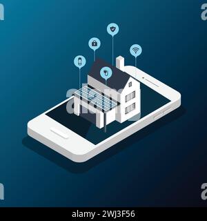 Smart home control by smartphone. Wireless wi-fi connection and house technology. Mobile phone connections with home electronics devices. Stock Vector