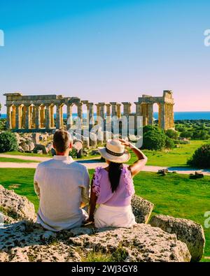 View on sea and ruins of greek columns in Selinunte Archaeological Park Stock Photo
