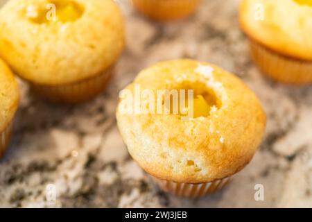 Filling Vanilla, Chocolate Cupcakes with Lemon, Raspberry Stock Photo