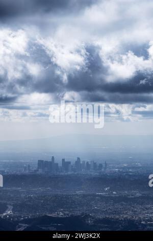 Dramatic winter storm clouds moving into Los Angeles, California.  Photo taken from Mt Lukens in the Angeles National Forest. Stock Photo