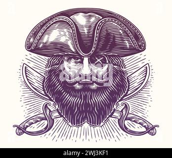 Hand drawn head and saber of a pirate captain. Vintage sketch vector illustration Stock Vector
