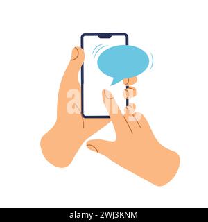 Smart phone with chat bubble template. Caution warning on a screen. Mobile phone alert. Hand holds smartphone icon with blank dialog box. Vector Stock Vector
