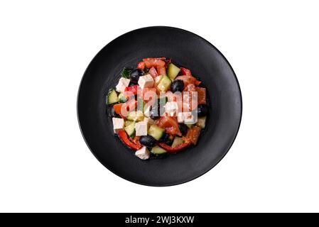 Delicious fresh Greek salad with olives, tomatoes, cucumbers and feta cheese Stock Photo