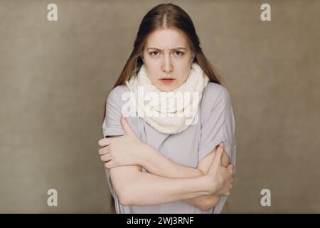 Young woman has ague flu catarrh ill sick disease treatment cold. Stock Photo