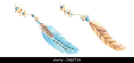 Set of compositions from pale brown, beige and blue feathers, beads and ...