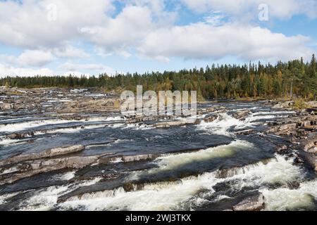 Trappstegsforsen the Cascades waterfall on the wilderness road in Sweden in autumn Stock Photo