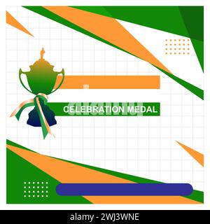 Celebration medal poster template, perfect for social media sites celebrating victory in sporting events. white, orange, green background. Stock Vector