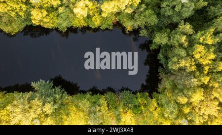 Secluded Tranquility: An Aerial View of a Forested River Stock Photo