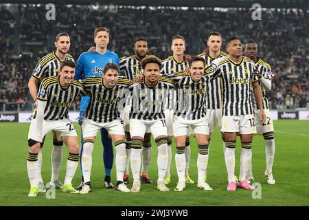 Turin, Italy. 12th Feb, 2024. The Juventus FC starting eleven line up for a team photo prior to kick off, back row ( L to R ); Adrien Rabiot, Wojciech Szczesny, Gleison Bremer, Arkadiusz Milik, Federico Gatti and Timothy Weah, front row ( L to R ); Andrea Cambiaso, Manuel Locatelli, Weston McKennie, Federico Chiesa and Alex Sandro, in the Serie A match at Allianz Stadium, Turin. Picture credit should read: Jonathan Moscrop/Sportimage Credit: Sportimage Ltd/Alamy Live News Stock Photo