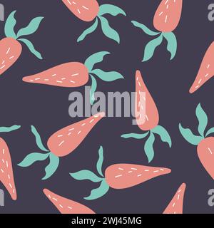 Seamless pattern with handdrawn carrots. Vector Easter pattern on dark background. Stock Vector