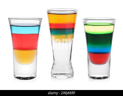 Different shooters in shot glasses isolated on white, set Stock Photo