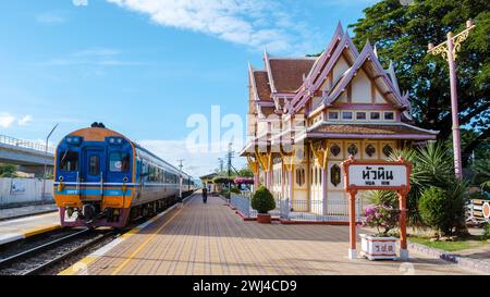 Hua Hin train station in Thailand. passengers waiting for the train in Huahin Stock Photo