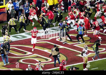 Beijing, USA. 11th Feb, 2024. Noah Gray (C) of Kansas City Chiefs celebrates after the NFL Super Bowl LVIII football game between San Francisco 49ers and Kansas City Chiefs in Las Vegas, the United States, Feb. 11, 2024. Credit: Wu Xiaoling/Xinhua/Alamy Live News Stock Photo