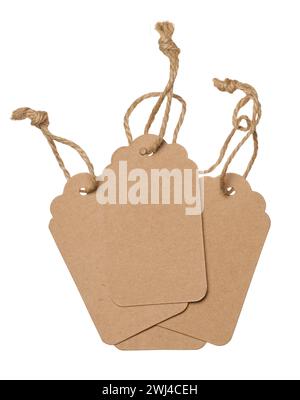 Blank brown rectangular brown paper tag on a rope  on white background, template for price Stock Photo
