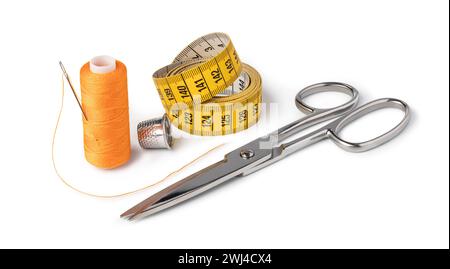 Thread sewing, needle, centimeter, scissors Stock Photo