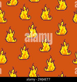 Flame or burning fire pixel art, seamless pattern Stock Vector