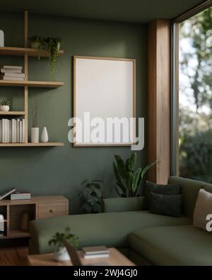 The interior design of a modern living room in green color features a cozy green sofa near by a window, a frame mockup on a green wall, and houseplant Stock Photo