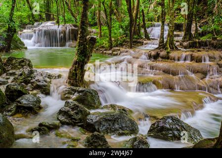 Erawan Waterfall Thailand, beautiful deep forest waterfall in Thailand Stock Photo