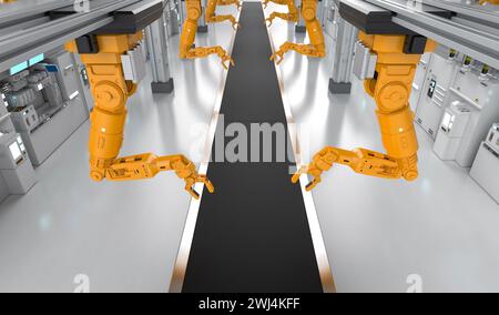 Automation industry concept with 3d rendering robot assembly line in ...