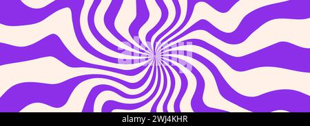 Trippy purple burst lines background. Retro psychedelic wavy stripes wallpaper. Groovy twisted sun burst swirl. Distorted curly wave texture design for poster, banner, flyer, cover. Vector backdrop Stock Vector