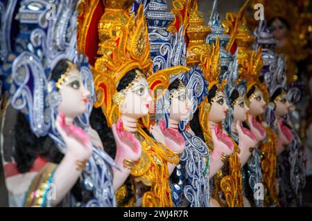 Kolkata, India. 12th Feb, 2024. Idols of Goddess Saraswati are displayed for selling ahead of Vasant Panchami which is on the 14th of February 2024. (Photo by Dipayan Bose/SOPA Images/Sipa USA) Credit: Sipa USA/Alamy Live News Stock Photo