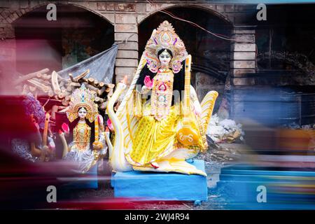 Kolkata, India. 12th Feb, 2024. The idol of Goddess Saraswati is displayed for selling ahead of Vasant Panchami which is on the 14th of February 2024. (Photo by Dipayan Bose/SOPA Images/Sipa USA) Credit: Sipa USA/Alamy Live News Stock Photo