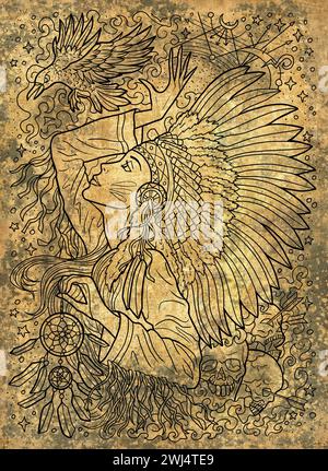 Fantasy engraved illustration with beautiful American indian woman as witch or magician on textured background. Hand drawn colorful graphic art with e Stock Photo