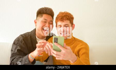 Happy gay couple looking at something on the mobile Stock Photo