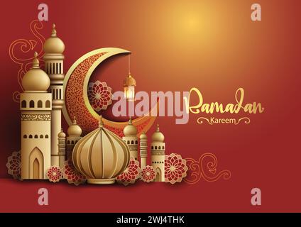 Ramadan Kareem art greetings with red mosque and black background. abstract vector illustration design. Stock Vector