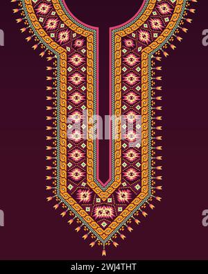 Neckline design with Navajo ethnic patterns on dark purple background for Indian kurta. Stock Vector