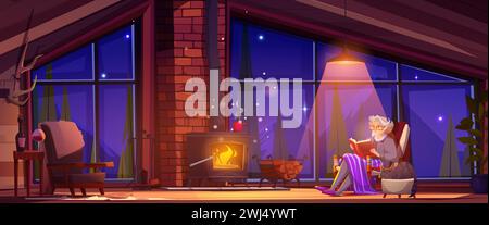 Elderly woman sit in armchair and read book in cozy living room of winter cabin in evening. Rustic chalet interior with snowy mountains and spruce trees landscape outside large panoramic window. Stock Vector