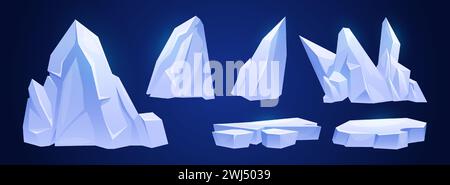 Set of ice floes isolated on background. Vector cartoon illustration of abstract shape frozen iceberg pieces for snowy winter landscape design, north pole game platforms, arctic island elements Stock Vector