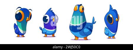 Pigeon funny cartoon character set. Vector illustration collection of different blue wild city dove with dumb face expression. Various comic bird mascot with beak and wings standing and watching. Stock Vector