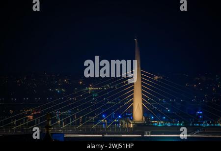 Panoramic cityscape of the Historic Peninsula with the Golden Horn Bridge in the evening after sunset in Istanbul, Turkey Stock Photo