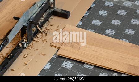 Laying laminate on a floor in an apartment Stock Photo