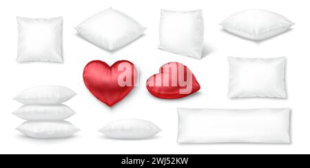 Soft fluffy bed pillows realistic vector illustration set. Bedroom cushions 3d models on white background. Bedding accessories assortment Stock Vector