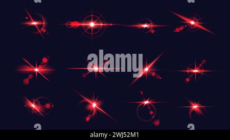 Red glare stars explosion realistic vector illustration set. Shining light flashes at darkness. Bursting spark 3d elements on dark background Stock Vector