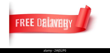 Free Delivery ribbon tag realistic vector illustration. Price reducing offering red arrow banner 3d models on white background. Marketing strategy Stock Vector