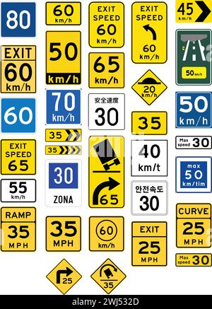 Advisory speed limit, An advisory speed limit is a speed recommendation by a governing body, used when it may be non-obvious to the driver Stock Vector
