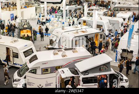 Mobile home fair with various mobile home providers on the exhibition center in Hamburg Stock Photo