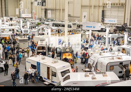 Mobile home fair with various mobile home providers on the exhibition center in Hamburg Stock Photo