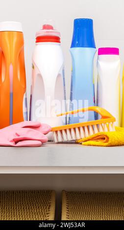 Cleaning items on the table in laundry room Stock Photo